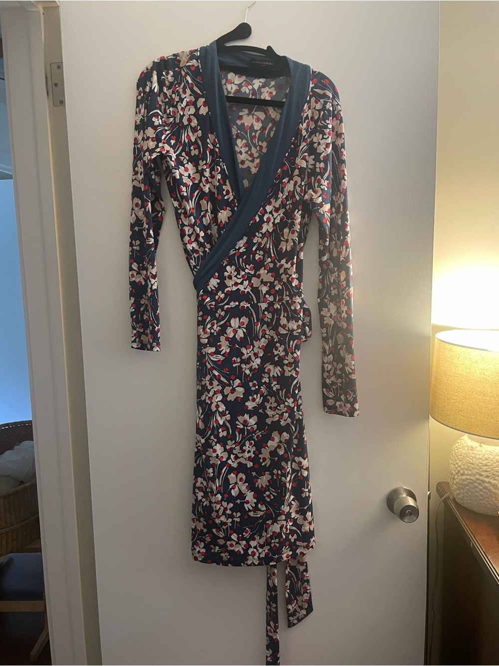 Banana Republic Navy Floral Long-Sleeve Wrap Dress with Red & White Accents